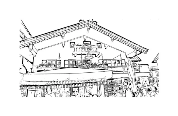 印刷キッツブヘルのランドマークとビルの景色はオーストリアの町です 手描きのスケッチ図ベクトル — ストックベクタ