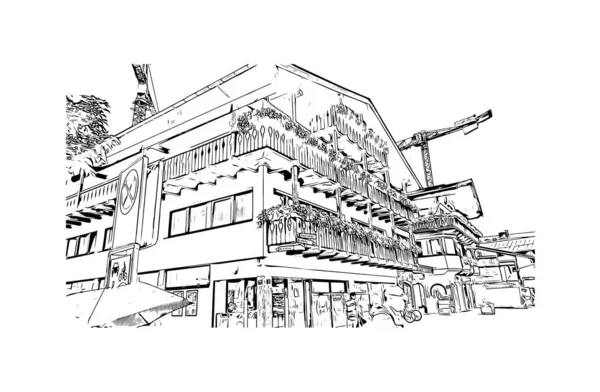 Вид Print Building Орієнтиром Kitzbuhel Місто Австрії Намальована Вручну Ілюстрація — стоковий вектор