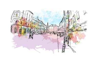  Klagenfurt 'un tarihi yapısına sahip olan bina Avusturya' nın kentidir. Vektörde elle çizilmiş resim ile suluboya sıçraması.