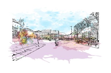  Klagenfurt 'un tarihi yapısına sahip olan bina Avusturya' nın kentidir. Vektörde elle çizilmiş resim ile suluboya sıçraması.