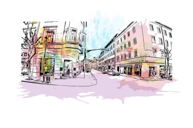  Klagenfurt 'un tarihi yapısına sahip olan bina Avusturya' nın kentidir. Vektörde elle çizilmiş resim ile suluboya sıçraması.