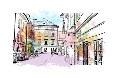  Klagenfurt 'un tarihi yapısına sahip olan bina Avusturya' nın kentidir. Vektörde elle çizilmiş resim ile suluboya sıçraması.