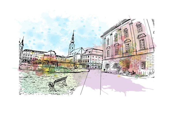 Building View Landmark Klagenfurt City Austria Watercolor Splash Hand Drawn — Stock Vector