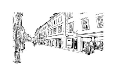 Print Building view with landmark of Klagenfurt is the city in Austria. Vektörde elle çizilmiş çizim çizimi.