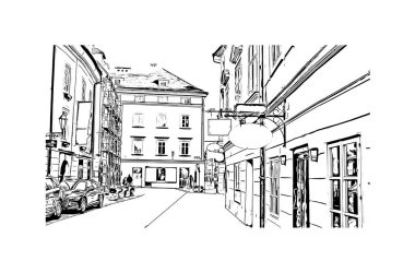 Print Building view with landmark of Klagenfurt is the city in Austria. Vektörde elle çizilmiş çizim çizimi.