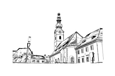 Print Building view with landmark of Klagenfurt is the city in Austria. Vektörde elle çizilmiş çizim çizimi.