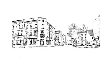 Print Building view with landmark of Klaipeda, Litvanya 'da bir liman kentidir. Vektörde elle çizilmiş çizim çizimi.