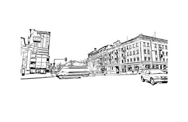 Print Building view with landmark of Klaipeda, Litvanya 'da bir liman kentidir. Vektörde elle çizilmiş çizim çizimi.