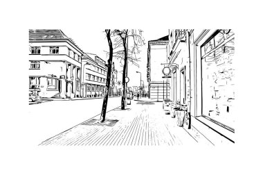 Print Building view with landmark of Klaipeda, Litvanya 'da bir liman kentidir. Vektörde elle çizilmiş çizim çizimi.