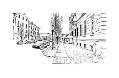 Print Building view with landmark of Klaipeda, Litvanya 'da bir liman kentidir. Vektörde elle çizilmiş çizim çizimi.