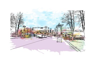 Print Building view with landmark of Klaipeda, Litvanya 'da bir liman kentidir. Vektörde elle çizilmiş resim ile suluboya sıçraması.