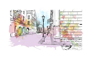 Print Building view with landmark of Klaipeda, Litvanya 'da bir liman kentidir. Vektörde elle çizilmiş resim ile suluboya sıçraması.