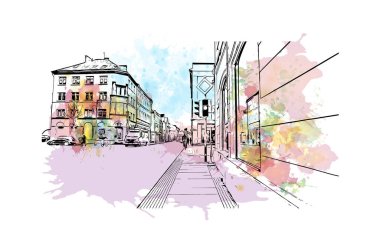 Print Building view with landmark of Klaipeda, Litvanya 'da bir liman kentidir. Vektörde elle çizilmiş resim ile suluboya sıçraması.