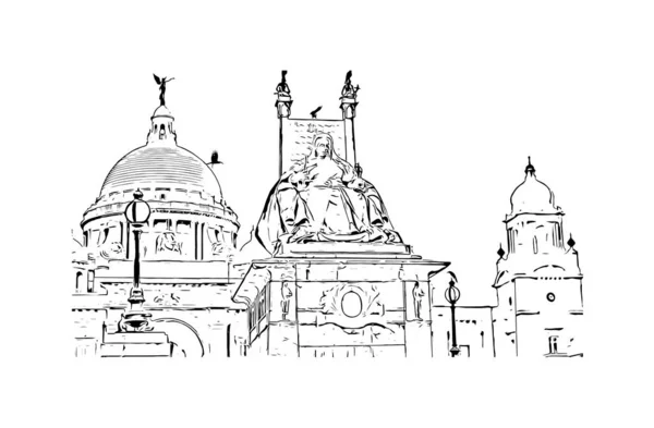 コルカタのランドマークと印刷建物のビューは インドの都市です 手描きのスケッチ図ベクトル — ストックベクタ
