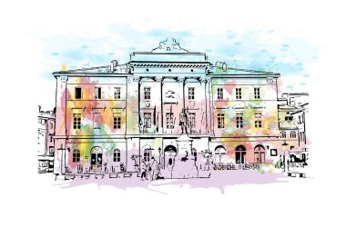 Koper 'in tarihi yapısına sahip Print Building view Slovenya' da bir liman kentidir. Vektörde elle çizilmiş resim ile suluboya sıçraması.