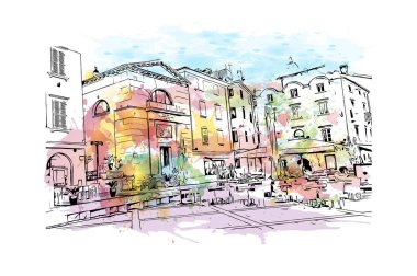 Koper 'in tarihi yapısına sahip Print Building view Slovenya' da bir liman kentidir. Vektörde elle çizilmiş resim ile suluboya sıçraması.