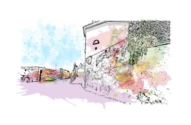 Koper 'in tarihi yapısına sahip Print Building view Slovenya' da bir liman kentidir. Vektörde elle çizilmiş resim ile suluboya sıçraması.