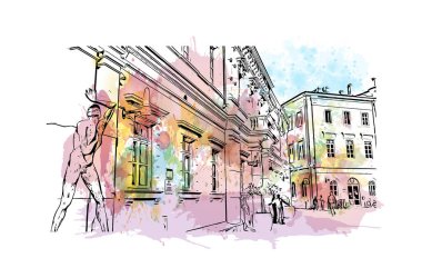 Koper 'in tarihi yapısına sahip Print Building view Slovenya' da bir liman kentidir. Vektörde elle çizilmiş resim ile suluboya sıçraması.