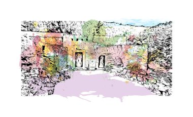 Ege Denizi 'ndeki ada, Kos' un dönüm noktası olan bir binadır. Vektörde elle çizilmiş resim ile suluboya sıçraması.