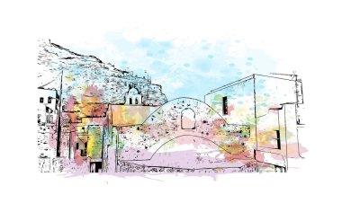 Ege Denizi 'ndeki ada, Kos' un dönüm noktası olan bir binadır. Vektörde elle çizilmiş resim ile suluboya sıçraması.