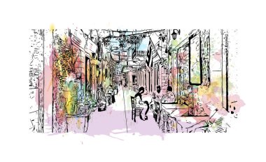 Ege Denizi 'ndeki ada, Kos' un dönüm noktası olan bir binadır. Vektörde elle çizilmiş resim ile suluboya sıçraması.