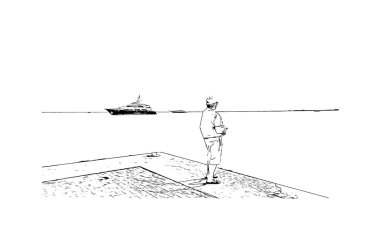 Ege Denizi 'ndeki ada, Kos' un dönüm noktası olan bir binadır. Vektörde elle çizilmiş çizim çizimi.