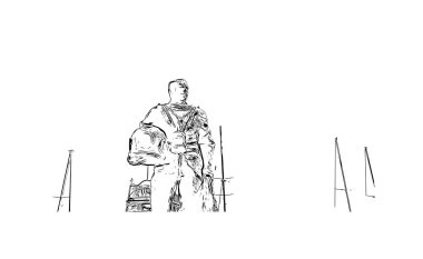 Ege Denizi 'ndeki ada, Kos' un dönüm noktası olan bir binadır. Vektörde elle çizilmiş çizim çizimi.