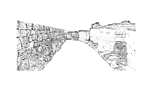 刻有Kos地标的印刷建筑景观是爱琴海的岛屿 矢量手绘草图 — 图库矢量图片