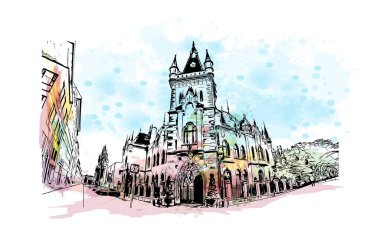 Print Building view with landmark of Kosice, Slovakya 'nın doğusunda bir şehirdir. Vektörde elle çizilmiş resim ile suluboya sıçraması.