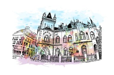 Print Building view with landmark of Kosice, Slovakya 'nın doğusunda bir şehirdir. Vektörde elle çizilmiş resim ile suluboya sıçraması.
