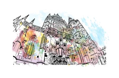 Print Building view with landmark of Kosice, Slovakya 'nın doğusunda bir şehirdir. Vektörde elle çizilmiş resim ile suluboya sıçraması.