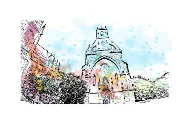 Print Building view with landmark of Kosice, Slovakya 'nın doğusunda bir şehirdir. Vektörde elle çizilmiş resim ile suluboya sıçraması.