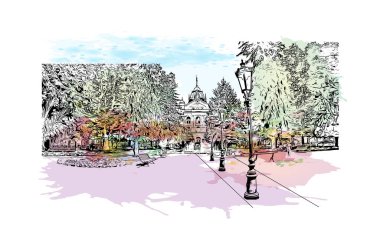 Print Building view with landmark of Kosice, Slovakya 'nın doğusunda bir şehirdir. Vektörde elle çizilmiş resim ile suluboya sıçraması.