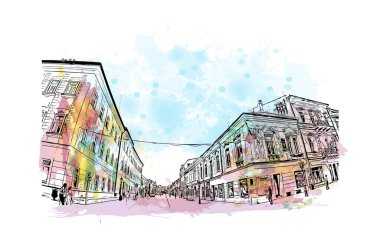 Print Building view with landmark of Kosice, Slovakya 'nın doğusunda bir şehirdir. Vektörde elle çizilmiş resim ile suluboya sıçraması.