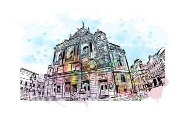 Print Building view with landmark of Kosice, Slovakya 'nın doğusunda bir şehirdir. Vektörde elle çizilmiş resim ile suluboya sıçraması.