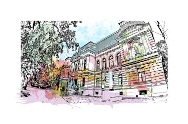 Print Building view with landmark of Kosice, Slovakya 'nın doğusunda bir şehirdir. Vektörde elle çizilmiş resim ile suluboya sıçraması.