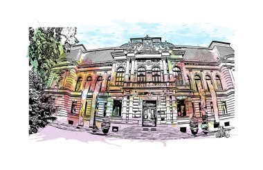 Print Building view with landmark of Kosice, Slovakya 'nın doğusunda bir şehirdir. Vektörde elle çizilmiş resim ile suluboya sıçraması.