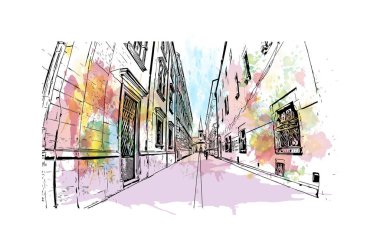 Print Building view with landmark of Kosice, Slovakya 'nın doğusunda bir şehirdir. Vektörde elle çizilmiş resim ile suluboya sıçraması.