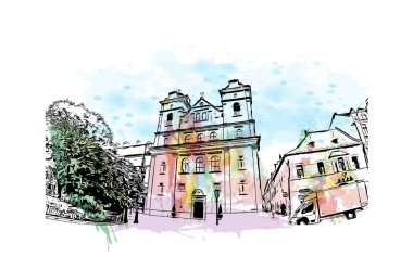 Print Building view with landmark of Kosice, Slovakya 'nın doğusunda bir şehirdir. Vektörde elle çizilmiş resim ile suluboya sıçraması.