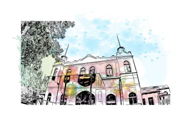 Print Building view with landmark of Kosice, Slovakya 'nın doğusunda bir şehirdir. Vektörde elle çizilmiş resim ile suluboya sıçraması.