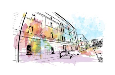 Print Building view with landmark of Kosice, Slovakya 'nın doğusunda bir şehirdir. Vektörde elle çizilmiş resim ile suluboya sıçraması.