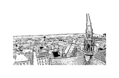 Print Building view with landmark of Kosice, Slovakya 'nın doğusunda bir şehirdir. Vektörde elle çizilmiş çizim çizimi.
