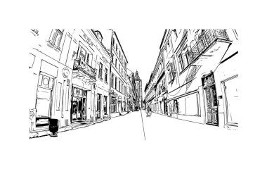 Print Building view with landmark of Kosice, Slovakya 'nın doğusunda bir şehirdir. Vektörde elle çizilmiş çizim çizimi.