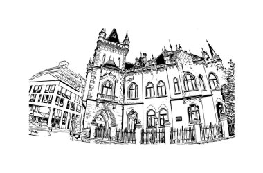 Print Building view with landmark of Kosice, Slovakya 'nın doğusunda bir şehirdir. Vektörde elle çizilmiş çizim çizimi.