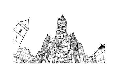 Print Building view with landmark of Kosice, Slovakya 'nın doğusunda bir şehirdir. Vektörde elle çizilmiş çizim çizimi.