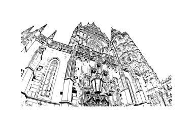 Print Building view with landmark of Kosice, Slovakya 'nın doğusunda bir şehirdir. Vektörde elle çizilmiş çizim çizimi.