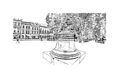 Print Building view with landmark of Kosice, Slovakya 'nın doğusunda bir şehirdir. Vektörde elle çizilmiş çizim çizimi.