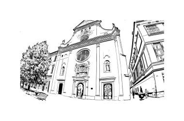 Print Building view with landmark of Kosice, Slovakya 'nın doğusunda bir şehirdir. Vektörde elle çizilmiş çizim çizimi.