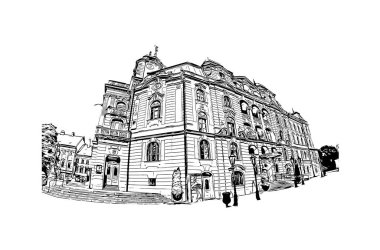 Print Building view with landmark of Kosice, Slovakya 'nın doğusunda bir şehirdir. Vektörde elle çizilmiş çizim çizimi.