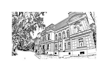 Print Building view with landmark of Kosice, Slovakya 'nın doğusunda bir şehirdir. Vektörde elle çizilmiş çizim çizimi.